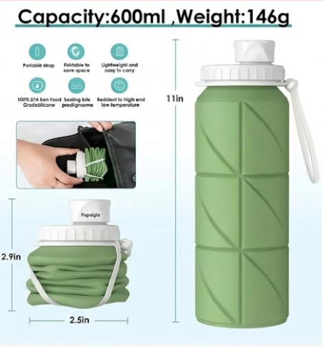 Silicone Water Bottle 600 ml | Foldable Leak Proof Travel Bottle | BPA Free Reusable Drinking Bottle for Gym, Trekking, Camping & Outdoor Use