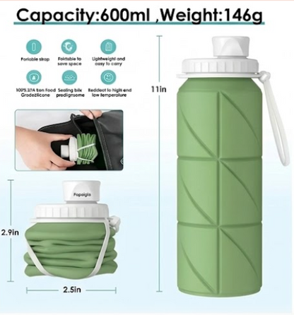 Silicone Water Bottle 600 ml | Foldable Leak Proof Travel Bottle | BPA Free Reusable Drinking Bottle for Gym, Trekking, Camping & Outdoor Use